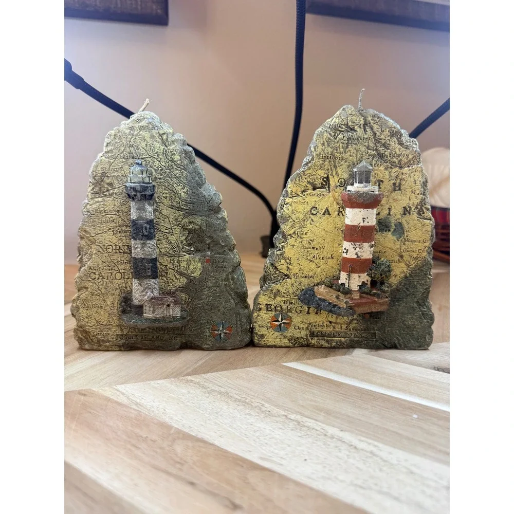 Nautical Lighthouse Candles Set of 2 Coastal Map Design Harbor Town SC Bodie NC